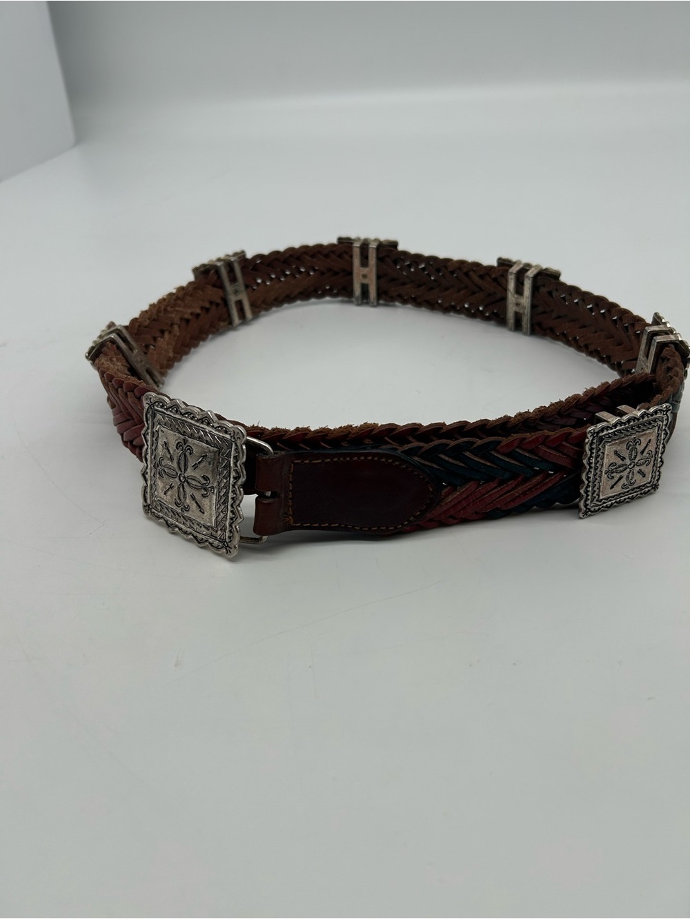 Vintage Braided Brown Red and Green Leather Belt with Silver Accent Squares - Picture 2 of 9
